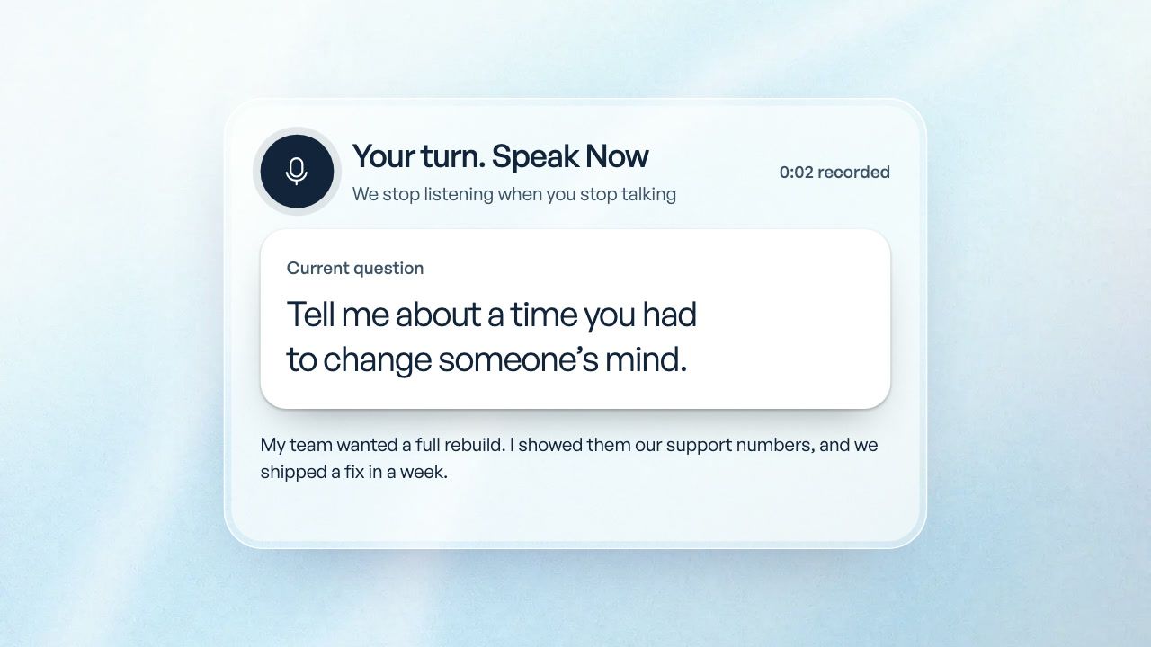 A Bossed interview in the general format: the interviewer asks, the timer runs, and the candidate answers out loud.