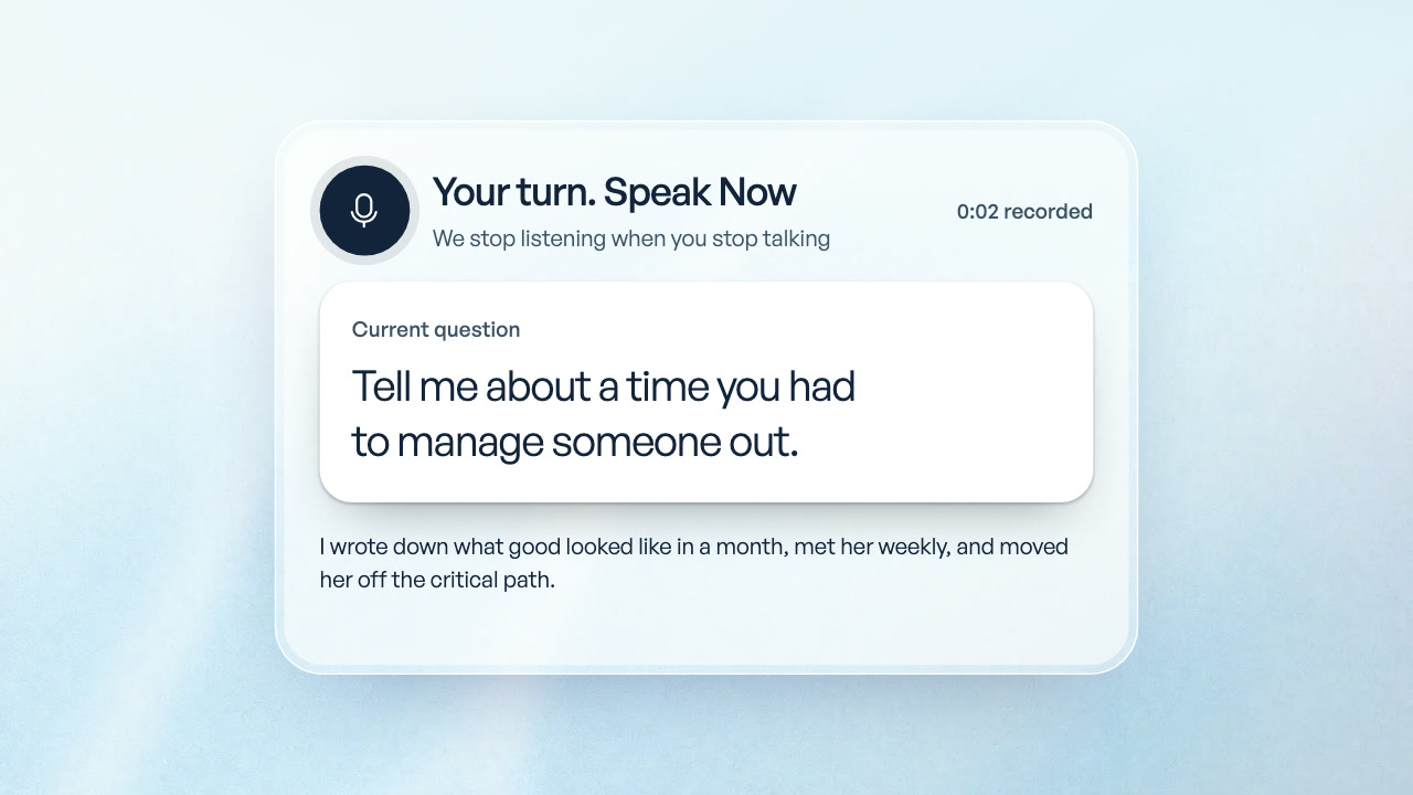 A leadership session in Bossed: Dana asks a difficult-conversation question and the timer runs while the candidate answers.